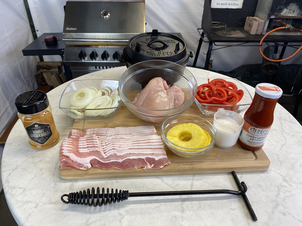 Hähnchen Schichtfleisch Hawaii mit Kokosmilch und Curry Whisky Ketchup aus dem ft3 Dutch Oven